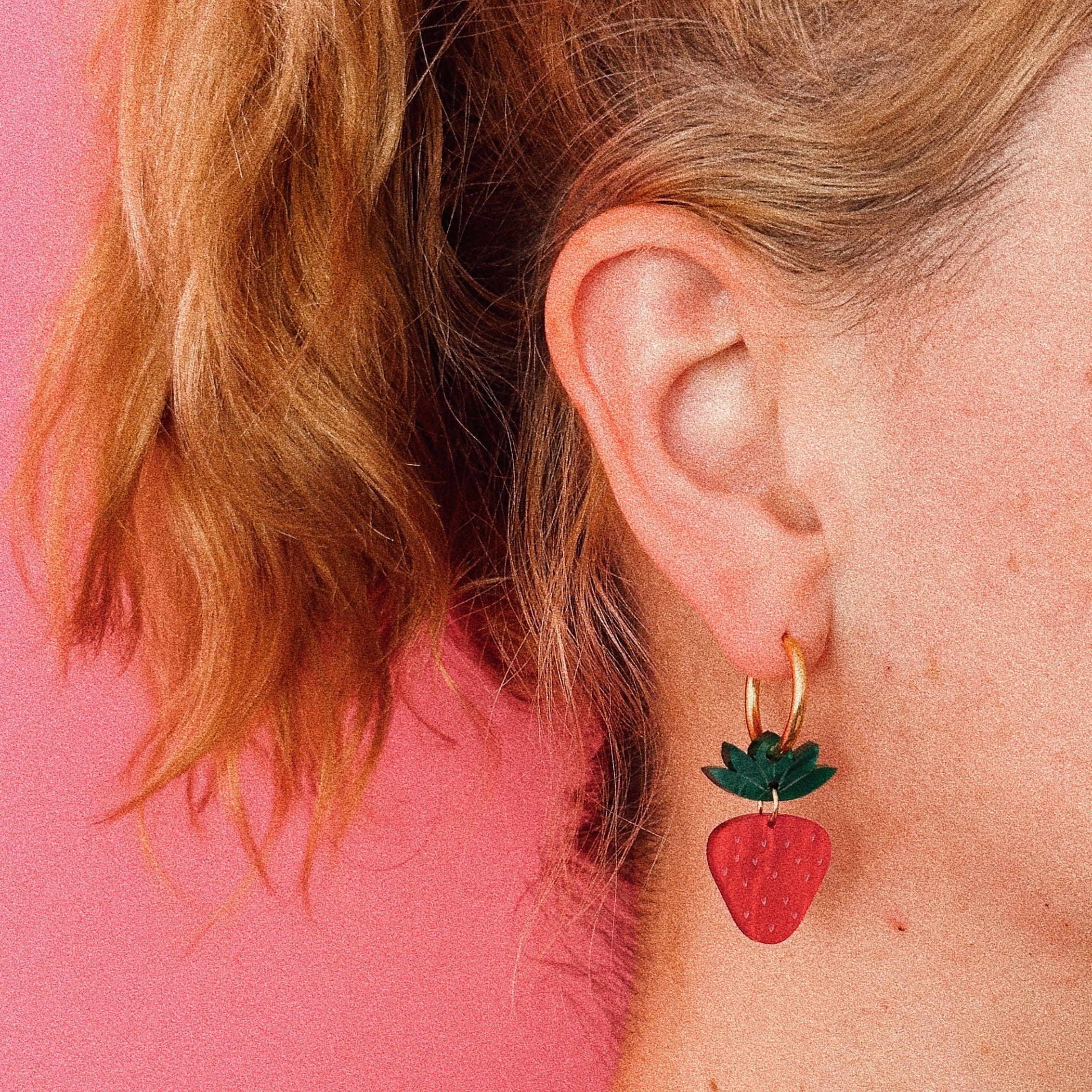Strawberry earrings with stainless steel hoops