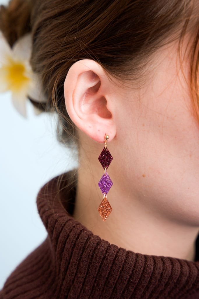 acutecolor Colorblock Rauten Trio Ohrringe Purple Glitter