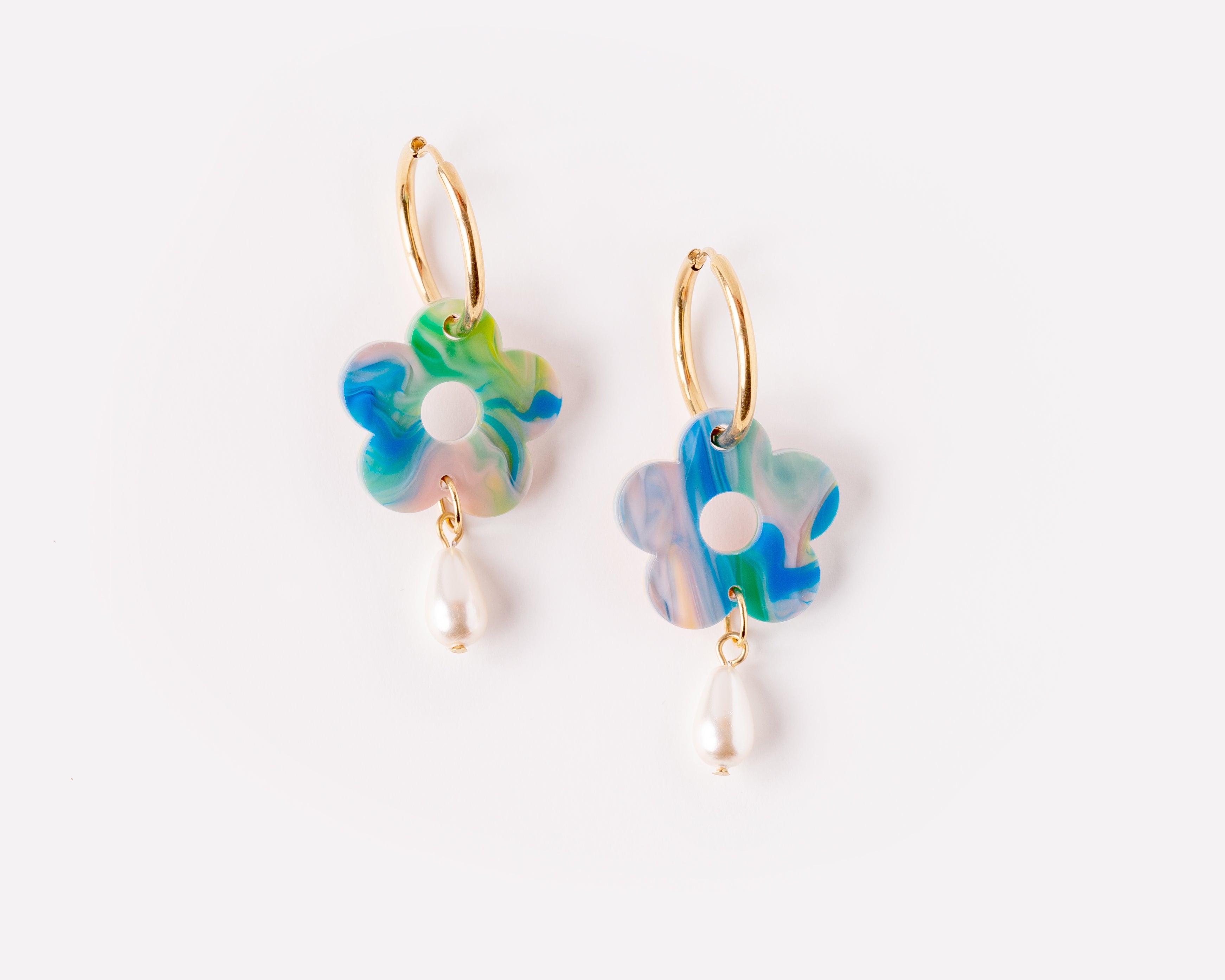 Large flower hoop earrings with pearls in watercolor - Limited Edition
