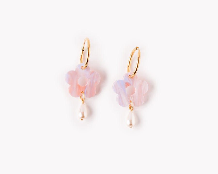 Große Blumen Hoop Ohrringe mit Perlen in 'Pastel Swirl'